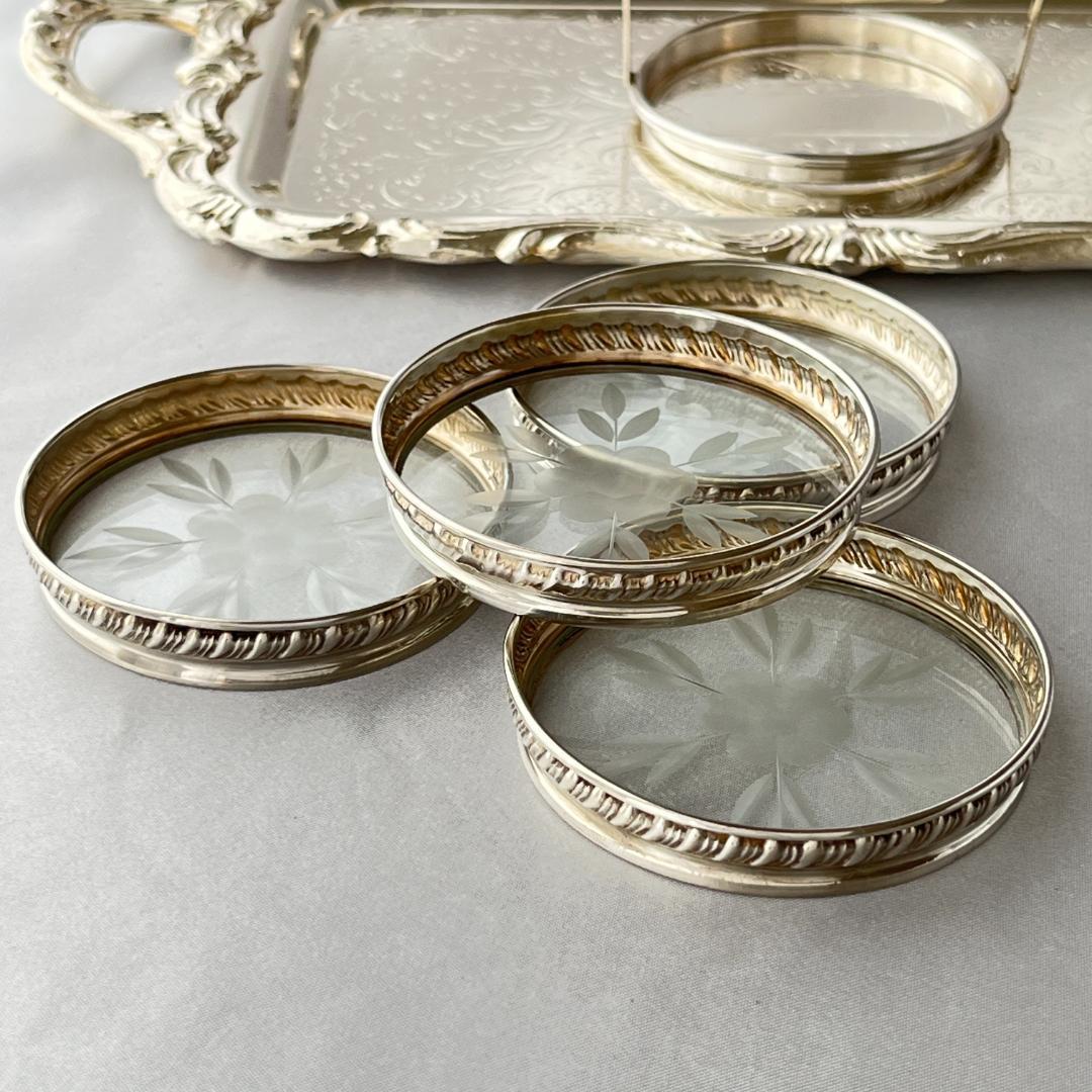 【純銀 / ガラス】ワイングラスコースター 4枚 スターリングシルバー ホルダー