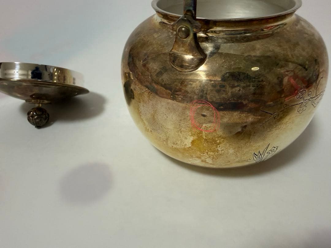 純銀製 竹梅牡丹毛彫 南鐐望月形湯沸 銀瓶 煎茶道具