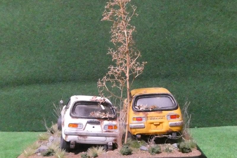 1/32 ホンダ Z GT・GSS 昭和レトロ風景 ジオラマ完成品 錆汚し加工