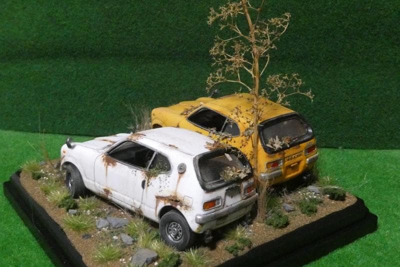 1/32 ホンダ Z GT・GSS 昭和レトロ風景 ジオラマ完成品 錆汚し加工