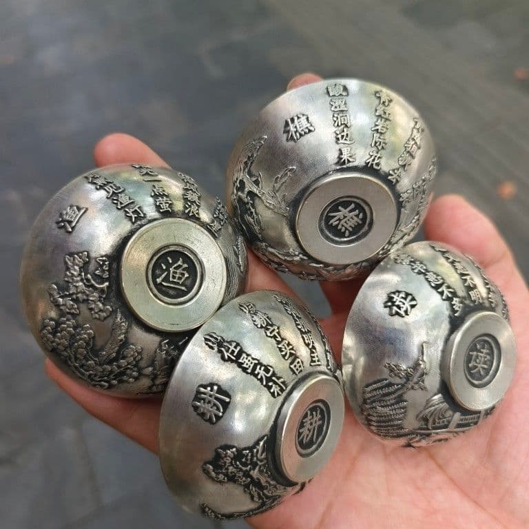 銅器 漁樵耕読小碗一セット 茶碗 工芸品 美術品 置物