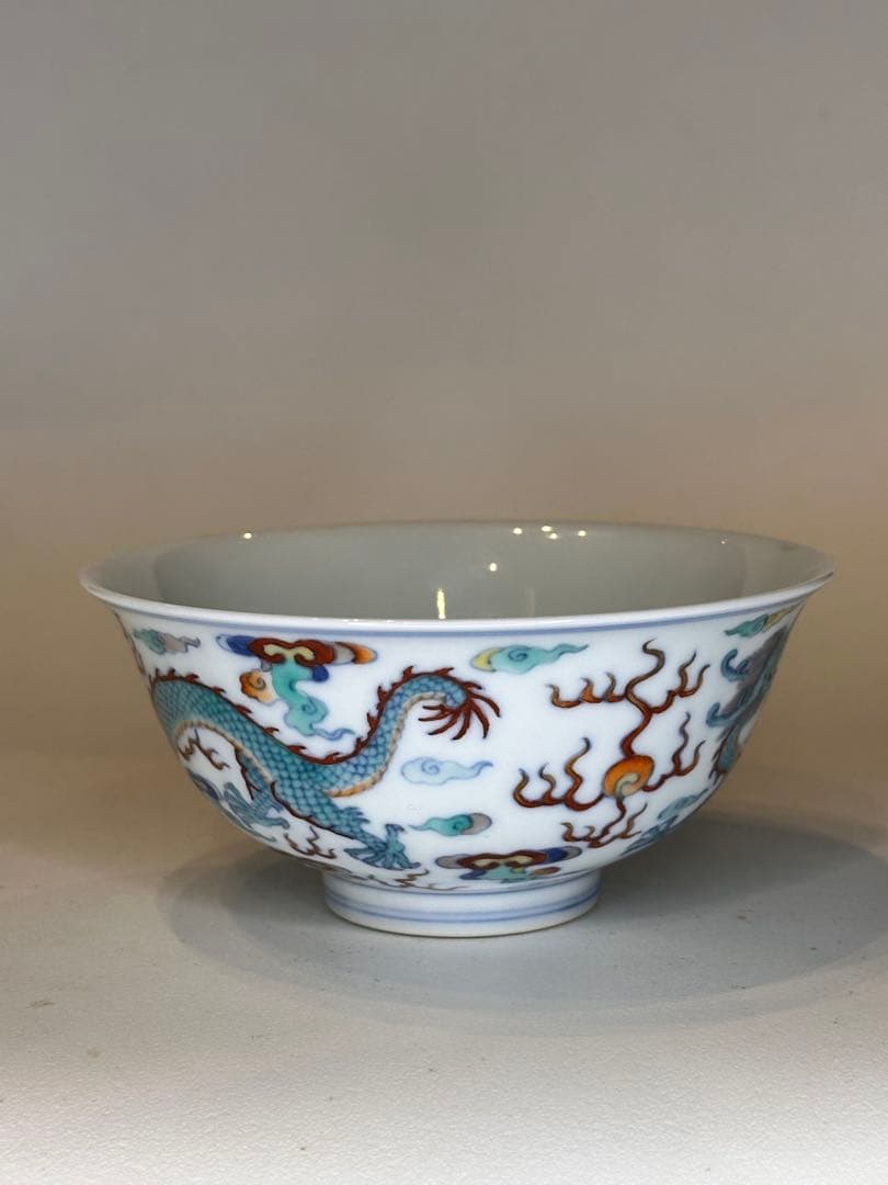 大清雍正年制 底款 二龍戯珠 彩绘 碗 中国古董品 コレクション