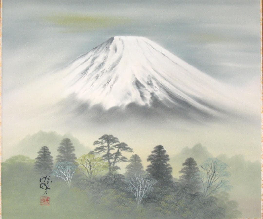 【真筆】掛け軸　富峰風景(富士山)◆成瑞　共箱・タトウ箱付