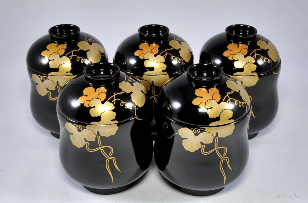 静峰 輪島塗 瓢箪形 瓢蒔絵 内銀溜 箸洗 五 共箱 懐石道具