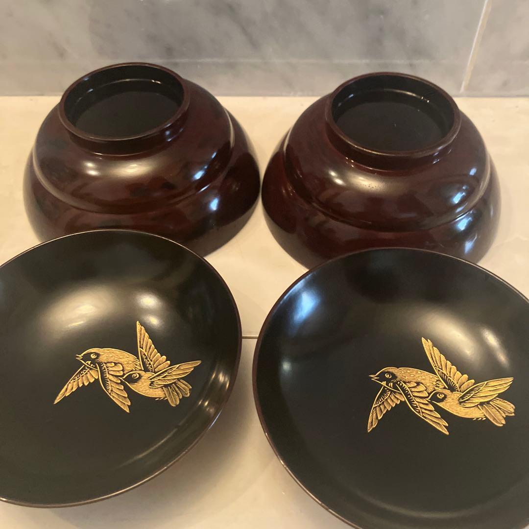 アンティーク大正時代　金彩のスズメや上品な竹が美し過ぎる木製輪島漆塗りお椀2客