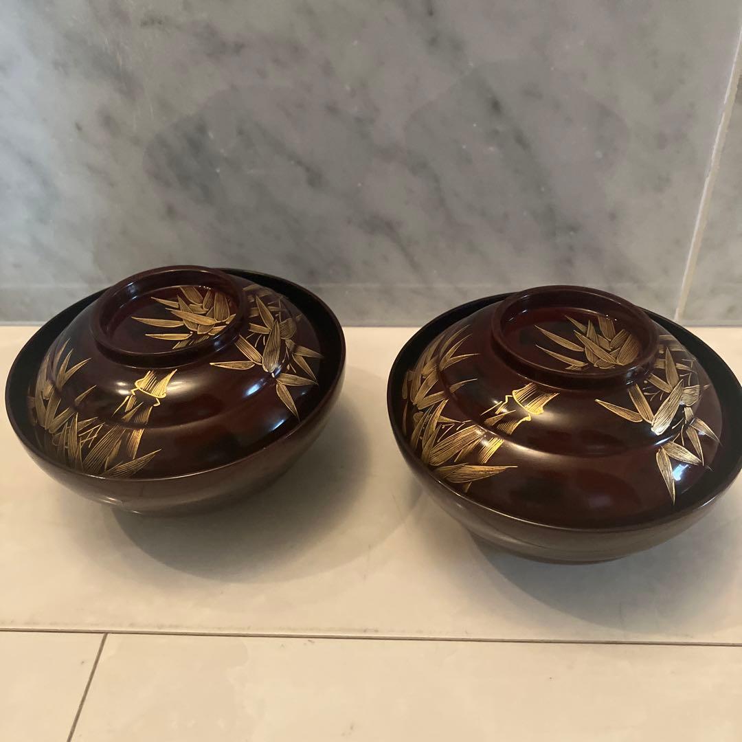 アンティーク大正時代　金彩のスズメや上品な竹が美し過ぎる木製輪島漆塗りお椀2客