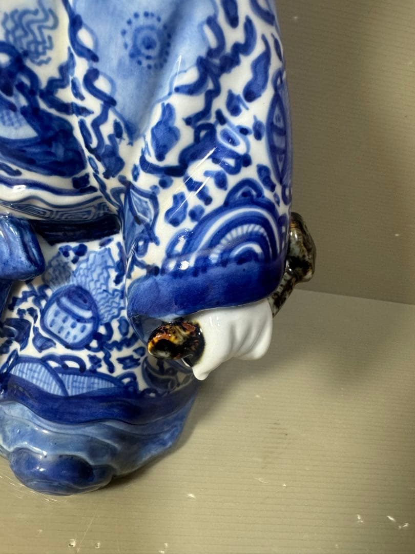 2625 九谷焼　八幡窯　菊仙　染付　寿老人　縁起物　置物　美品