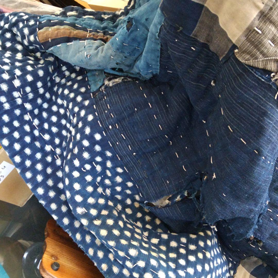 藍色 ボロ布 綿 布団 敷物 大判 骨董品 ボロ布市 明治期
