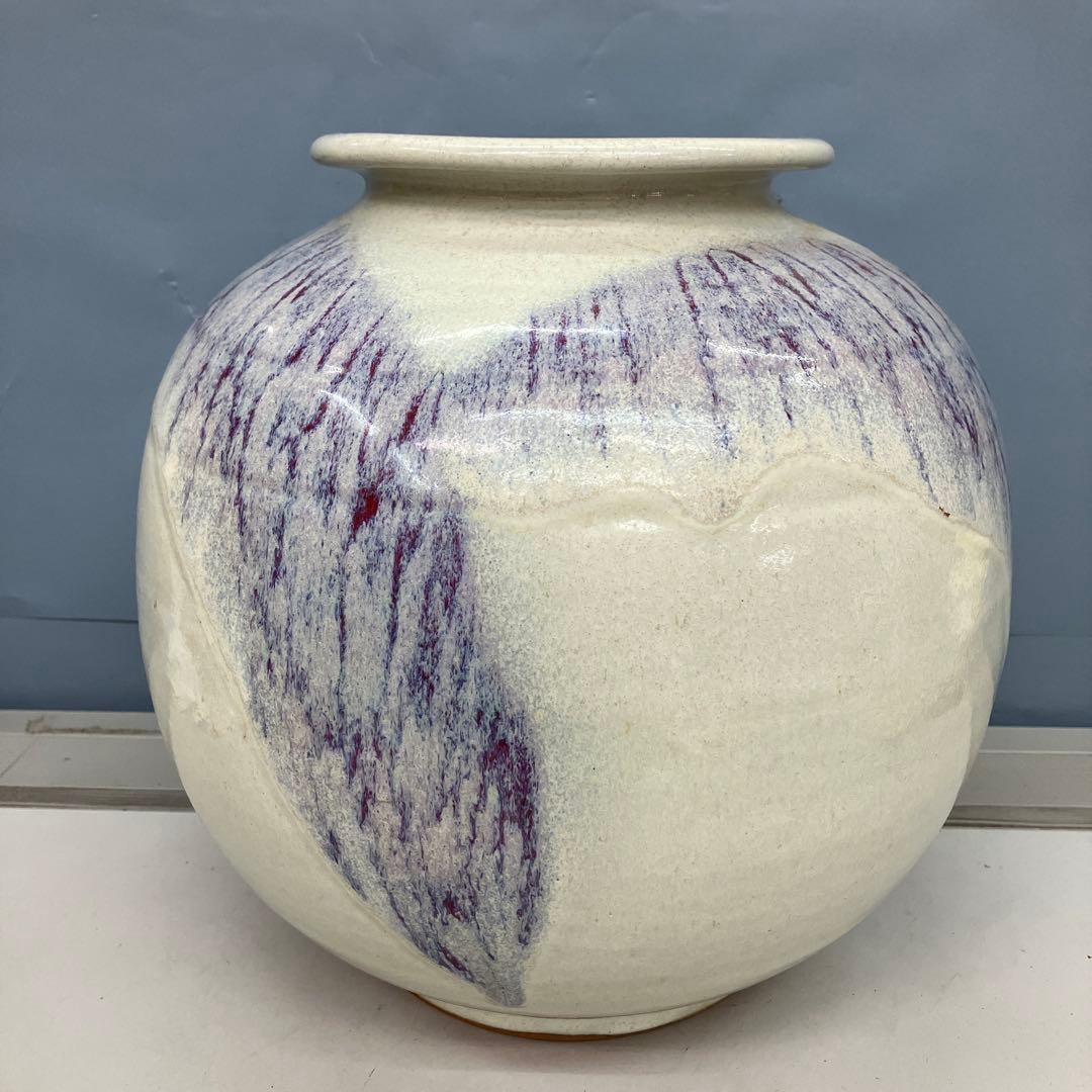 4F 昭和レトロ 陶器製 花瓶 壺型 白×紫 釉薬アート フラワーベース 古道具