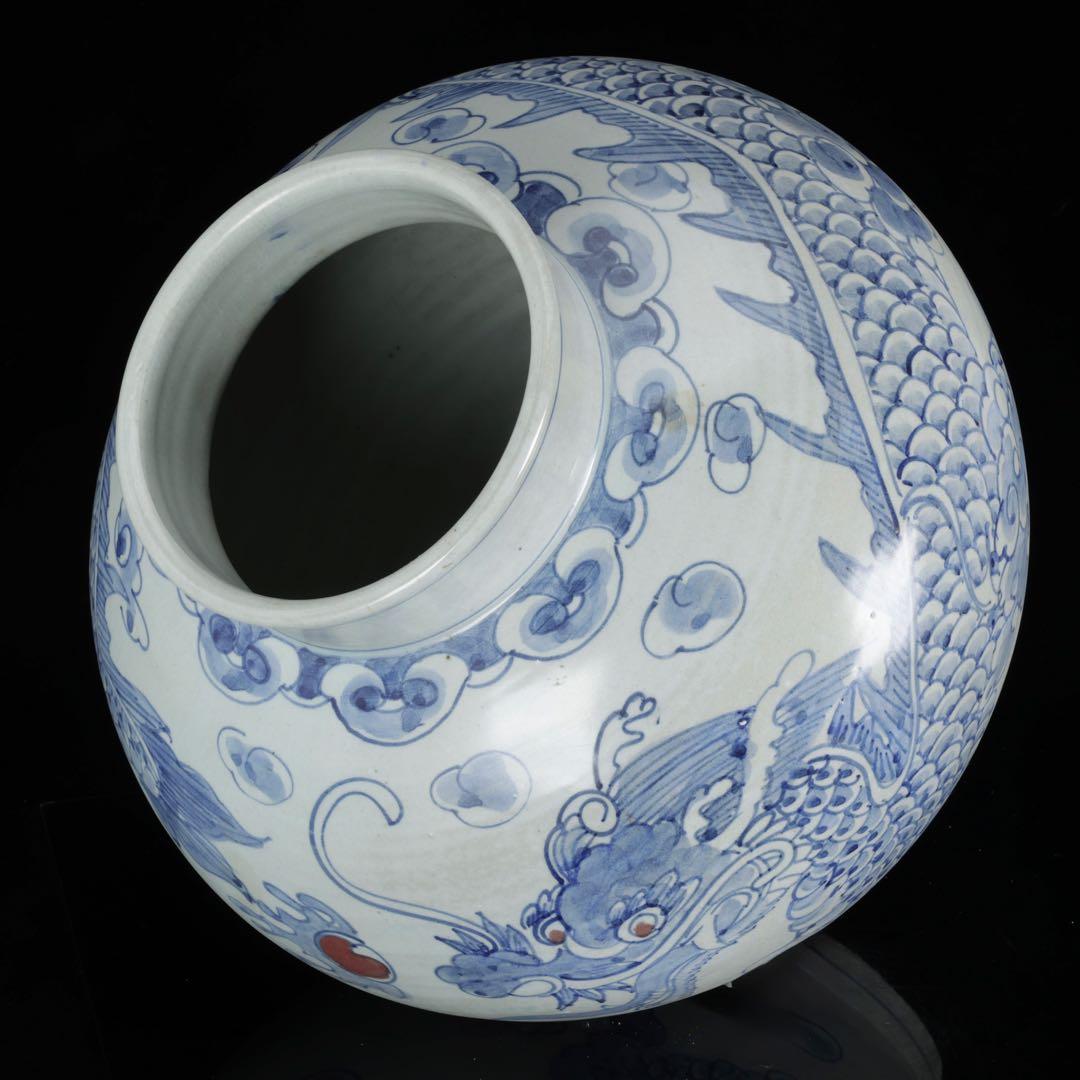 朝鮮美術 李朝 白磁 青花 染付 雲龍図 丸壺 32cm 大壺 古美術 骨董品