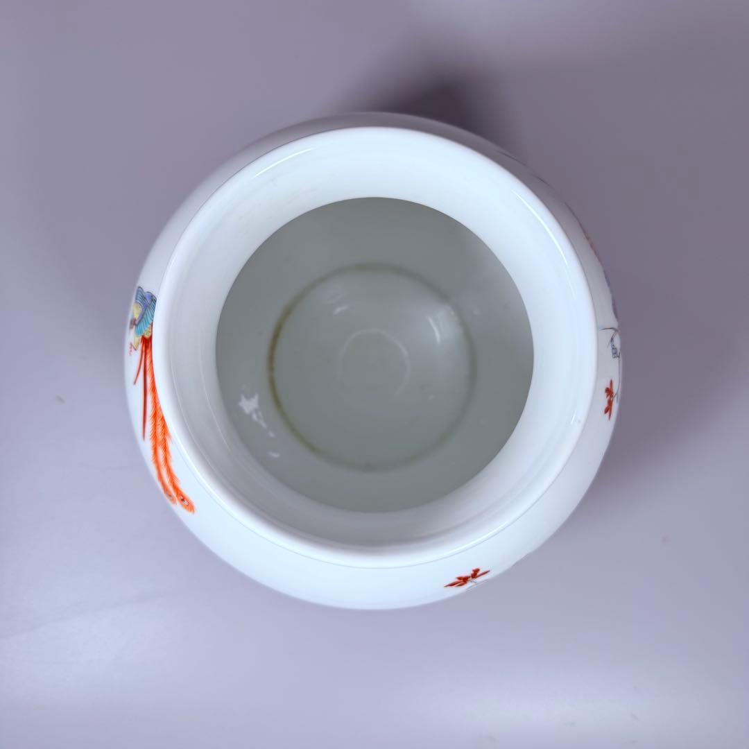 大正～昭和初期　柿右衛門　染錦柳小鳥絵丸胴型花器　共箱　渦福　小畑秀吉
