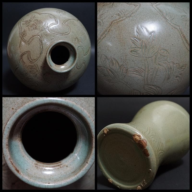 高麗時代 青磁象嵌『蓮花文』 梅瓶 大型飾壺 高さ30.5cm 花器 華道具