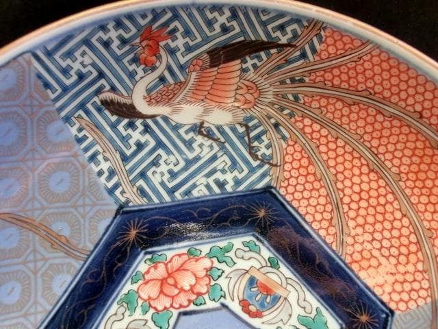 大皿■鳳凰幾何学模様色絵皿 7角花唐草紋 古伊万里 赤絵 時代物 古い骨董品■
