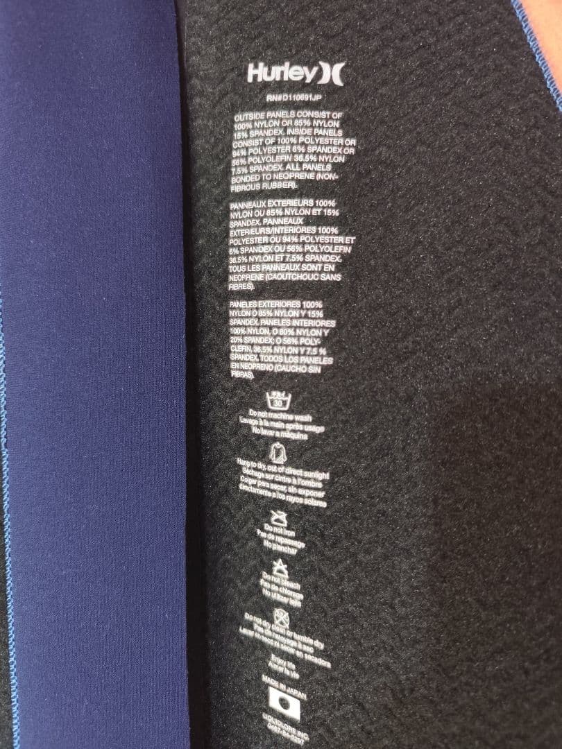 Hurley 4/3mm セミドライスーツ バックジップ　防水ジップ