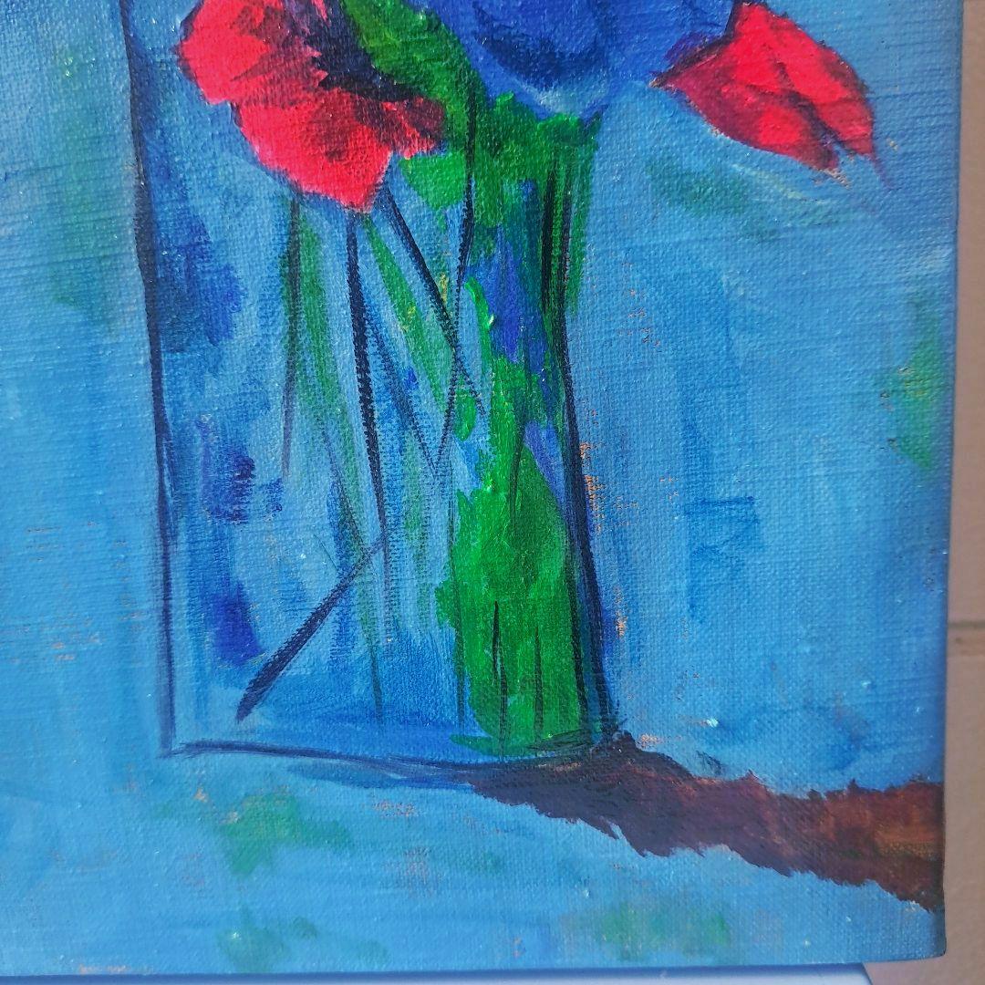 キャンバス油絵　専用　青い背景のコップに入れた野のお花　抽象静物画