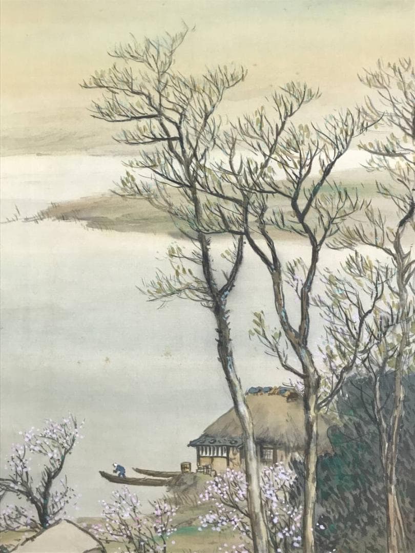 【真作】関晴風/山湖春景図/湖畔漁舟図/山水図/掛軸/名家伝来/AD-371