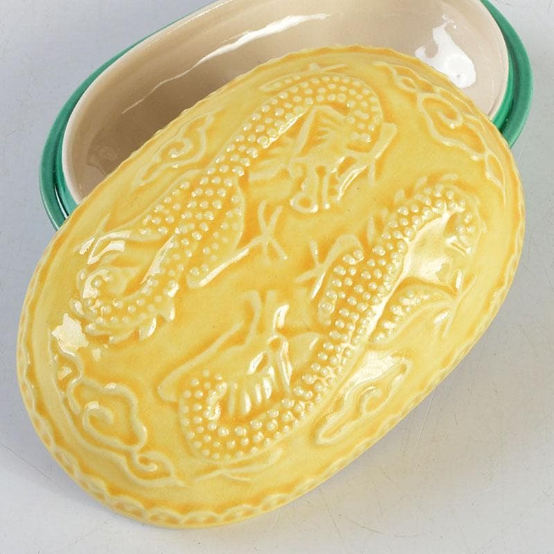 茶道具　粟田焼　岡田佳山作　黄交趾小判龍　香合　共箱　V　9523