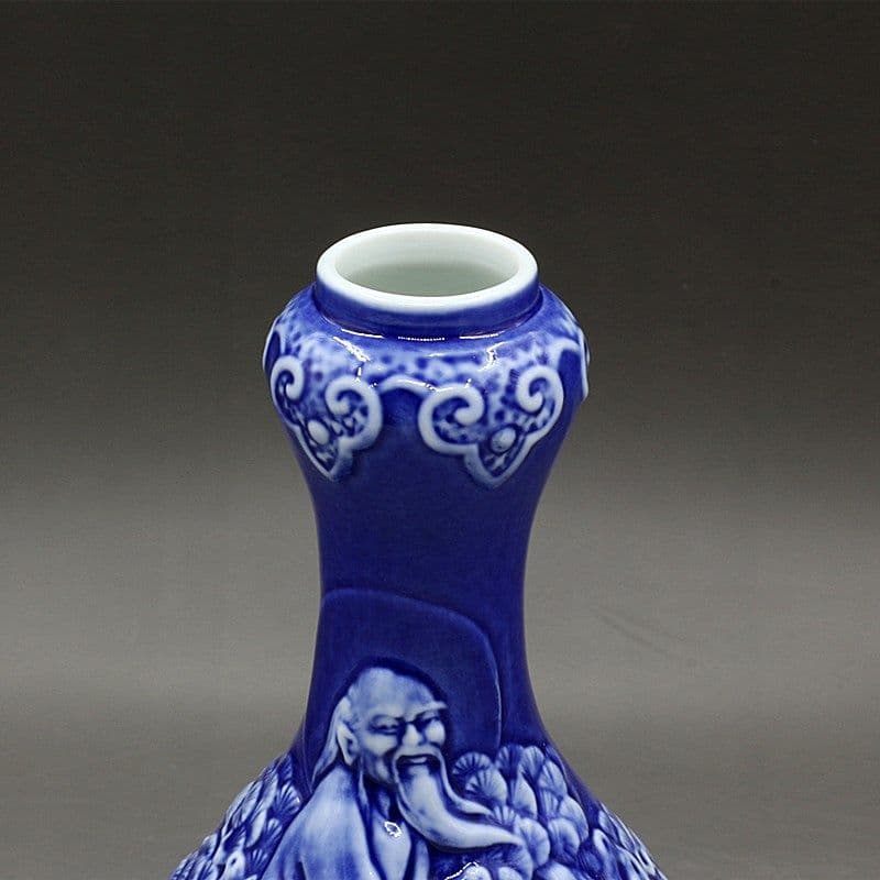 清乾隆 藍釉の浮彫り老子出関蒜頭瓶  景徳鎮 陶磁器 装飾品 工芸品美術品 置物