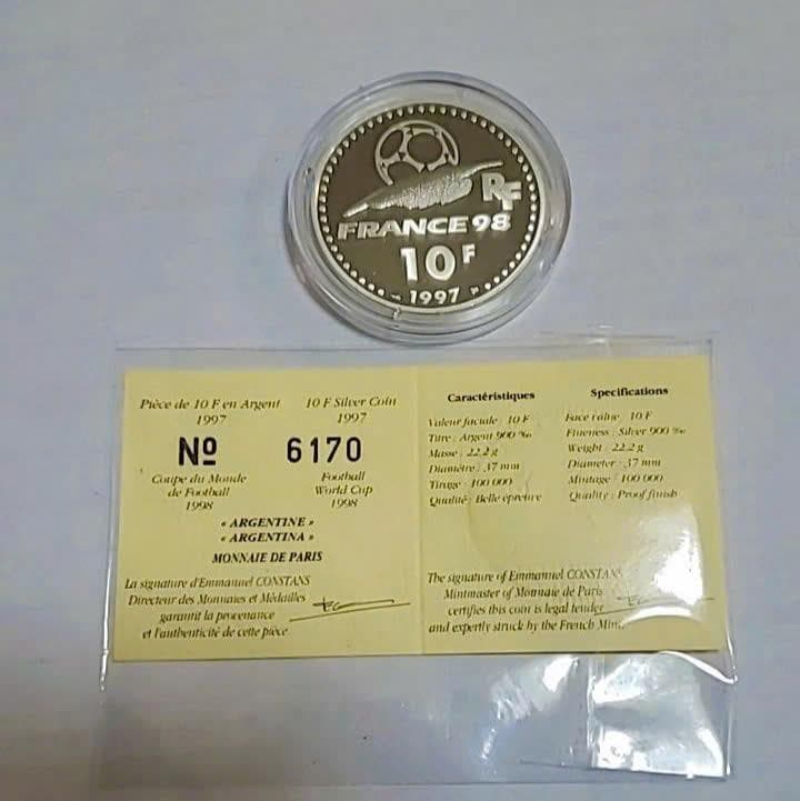 フランス　10FR　シルバー　世界サッカー　記念　フルーフ　完璧　証明書付