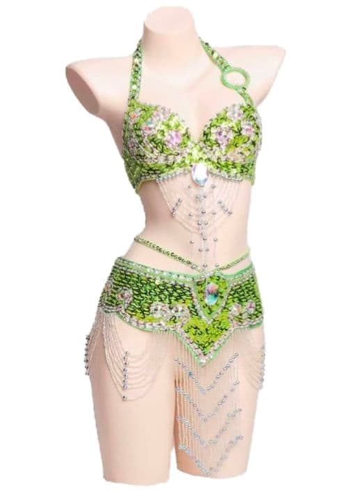 美品　ベリーダンス衣装　セットアップ　ブラベルト　ライトグリーン　オリエンタル