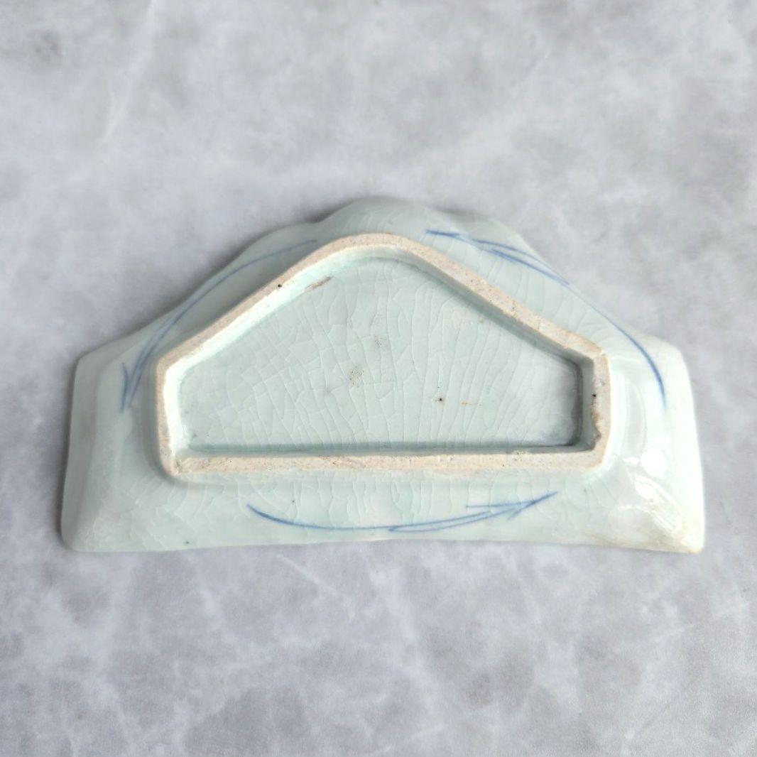 古伊万里　染付　富士山　変形小皿　型紙摺　江戸時代　笹　竹　骨董　アンティーク
