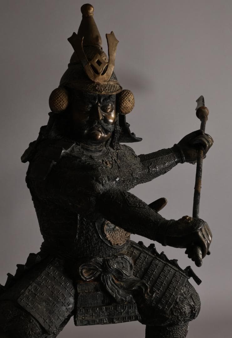 時代金工　明治期　ブロンズ像　銅製　武者　薙刀　置物　床飾　高55㎝　BK090