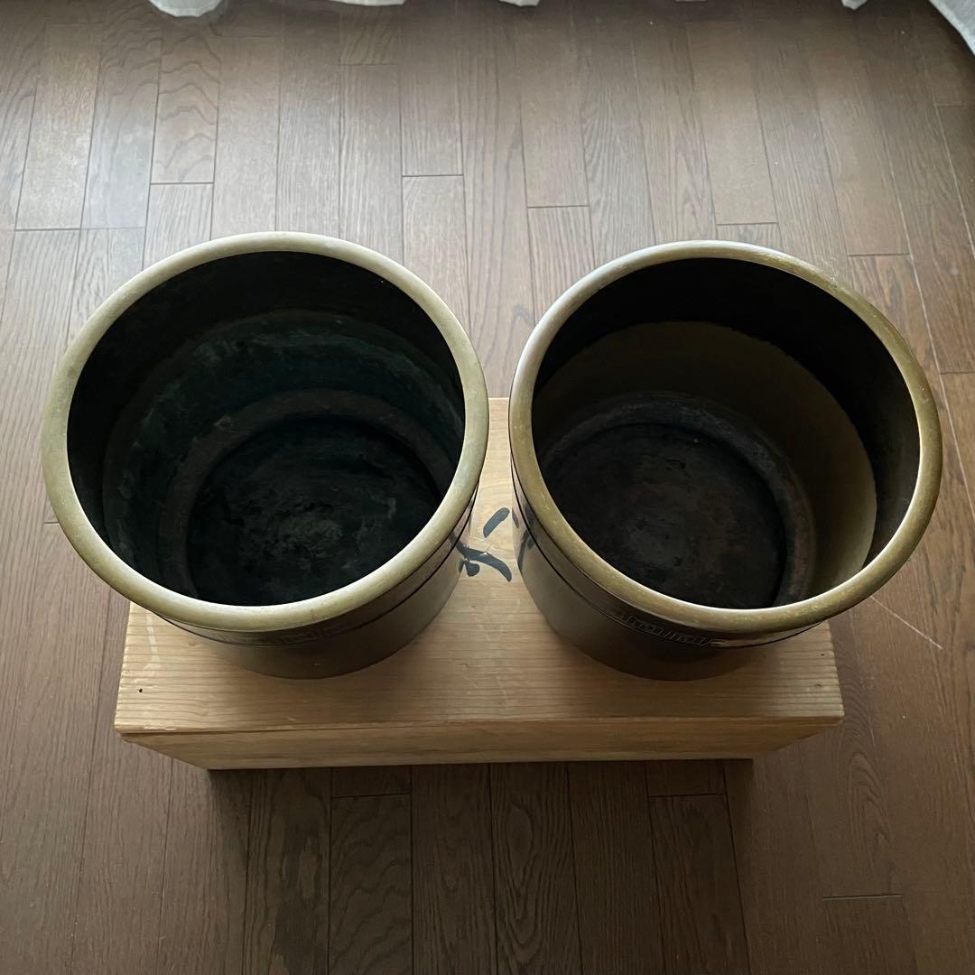 火鉢 一対（2点）木箱付 金属製 昭和レトロ 古道具 茶道具 和インテリア