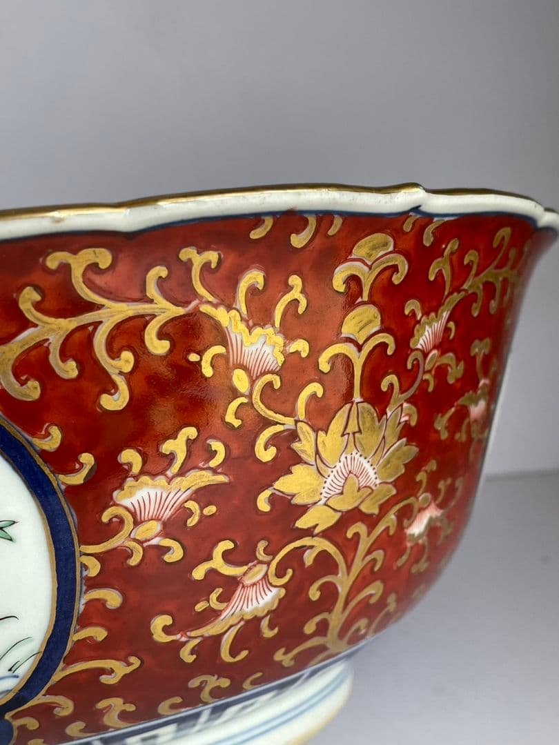 ②古伊万里　金彩赤絵大鉢27cm　木箱付　アンティーク/特大鉢/菓子鉢/深鉢