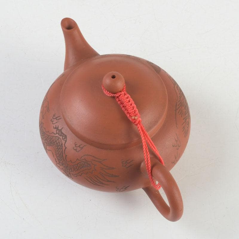 中国　紫砂　朱泥　雲龍鳳凰刻　急須　茶壷　在銘　N　9442
