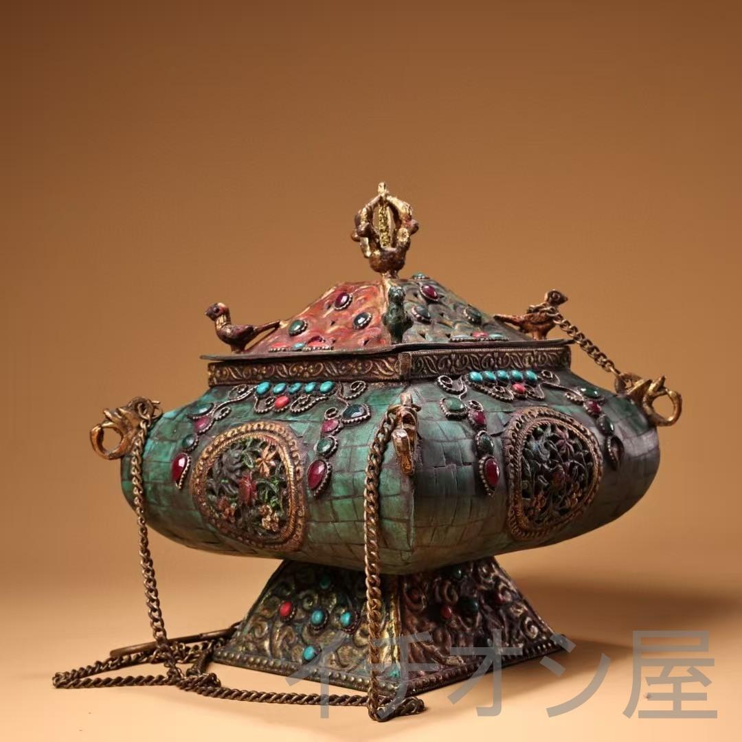 中国古美術 旧藏 西藏 仏教 銅製 吊香炉 彩绘描金 宝石嵌 藏伝工芸 古銅器