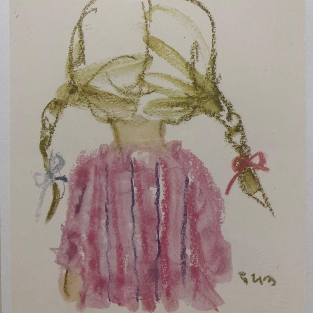 ★いわさきちひろ 『後ろ姿のおさげ髪の少女』ブラウン額縁/窓際のトットちゃん