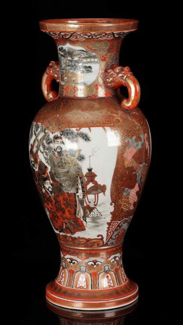 【九谷焼 大日本九谷造】金襴手赤絵金彩 龍双耳飾壺 花瓶 人物松鶴花鳥図 古美術