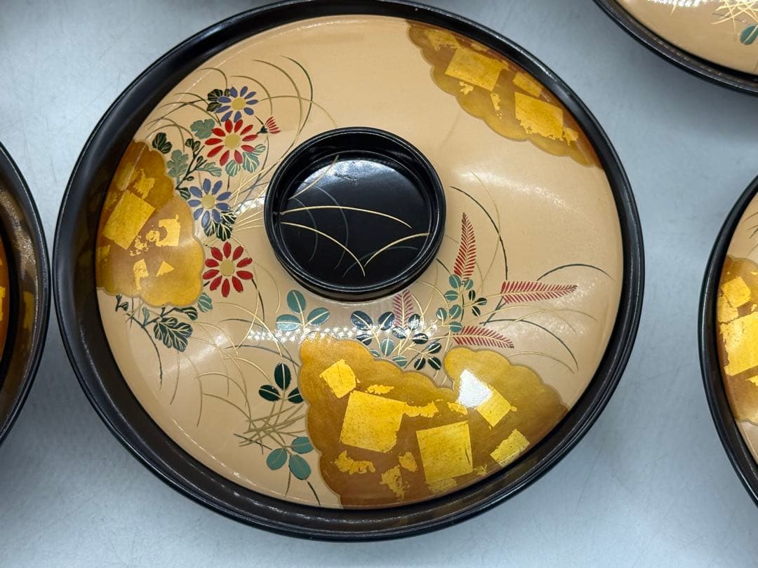 時代　輪島塗　蒔絵秋草紋菓子椀10点　木製　共箱　送料込み251221