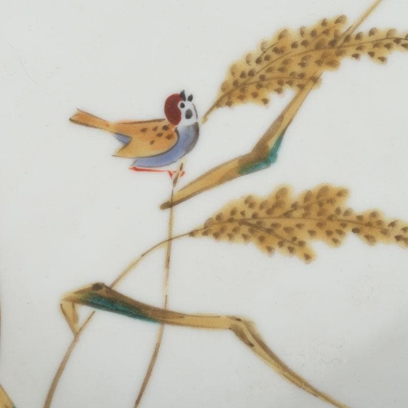 和食器　九谷焼　竹村正一作　色絵　稲穂に雀図　皿揃　五客　共箱　V　9457