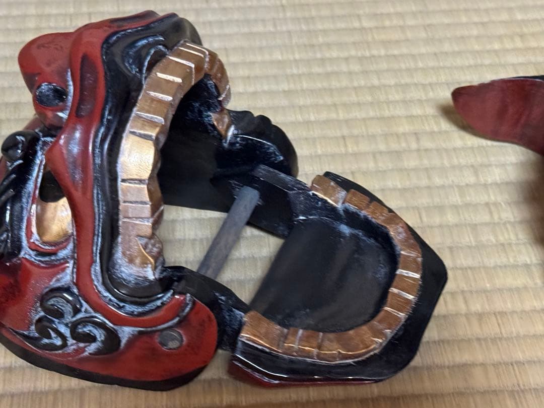 母のお茶道具の仲間たち　 レトロ 獅子頭 雄雌木彫 最大幅21〜25、高13cm