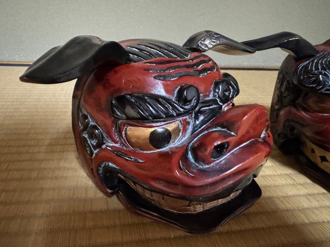 母のお茶道具の仲間たち　 レトロ 獅子頭 雄雌木彫 最大幅21〜25、高13cm