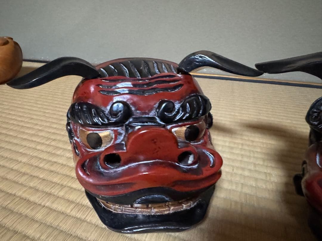 母のお茶道具の仲間たち　 レトロ 獅子頭 雄雌木彫 最大幅21〜25、高13cm