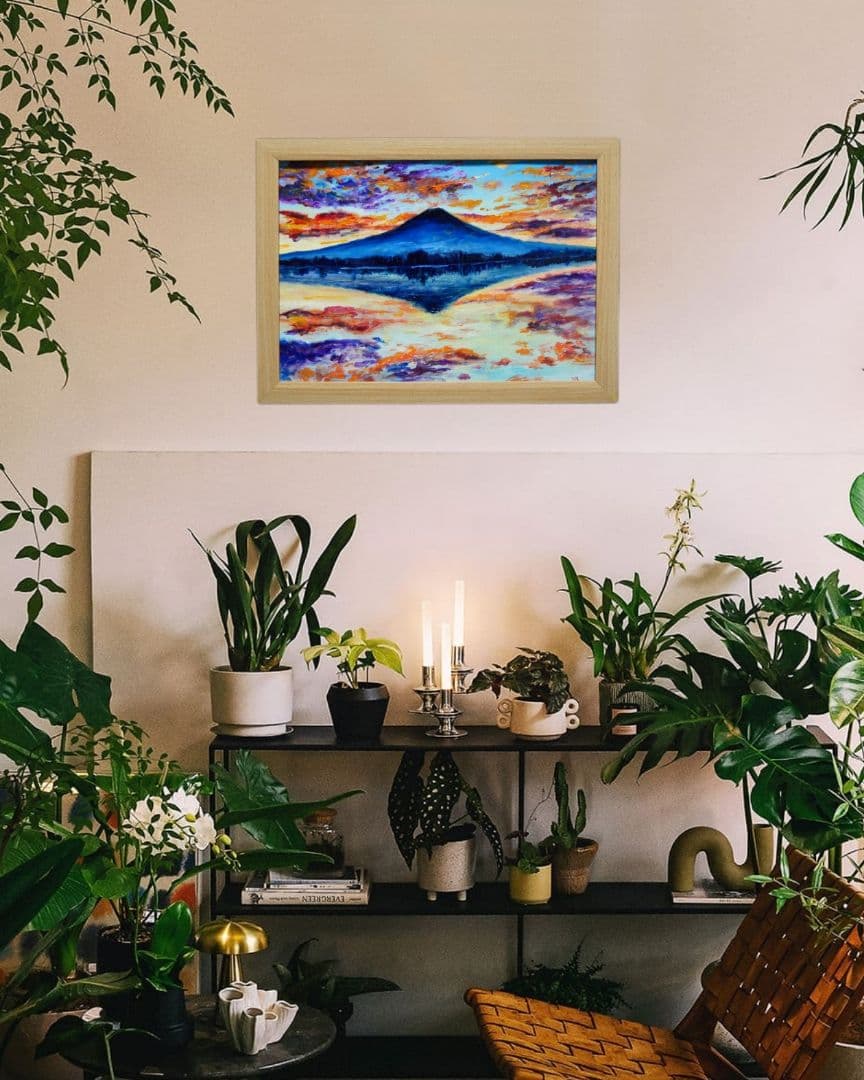 油絵 油彩 油彩画 絵 絵画 【水面に映る富士山】