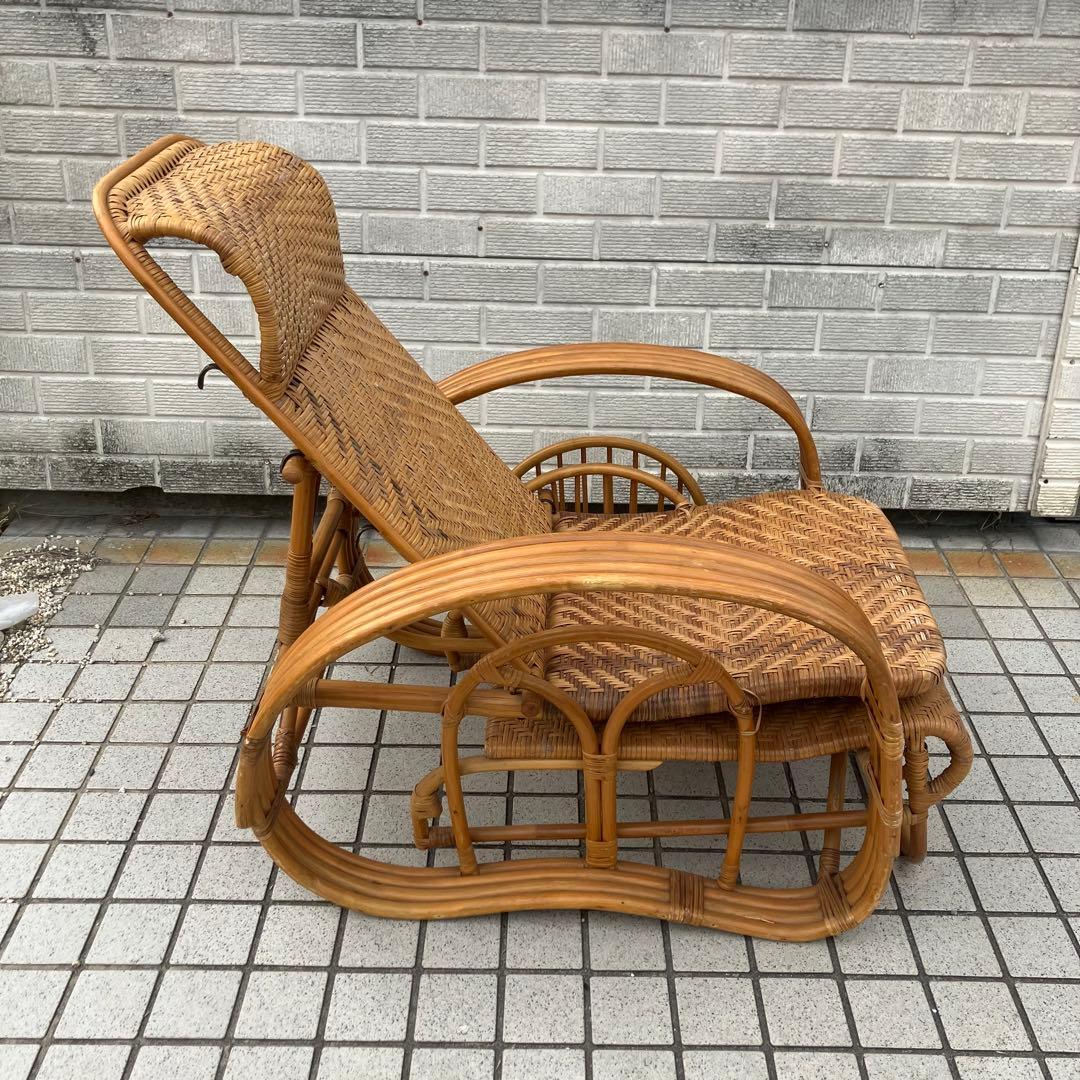 昭和レトロ ラタンリクライニングチェア オットマン付き 籐家具 1人掛けソファー