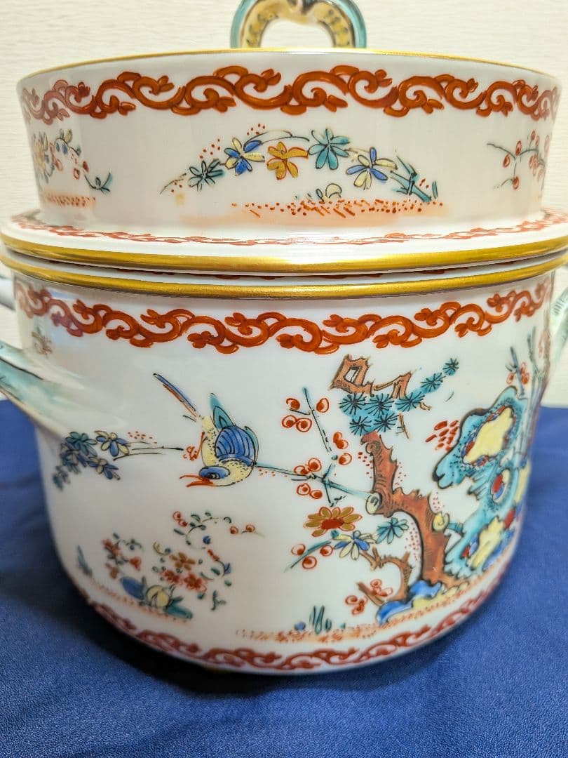 19世紀　フランス　シャンティイ窯　色絵松竹梅鳥紋　柿右衛門写　スープチュリーン