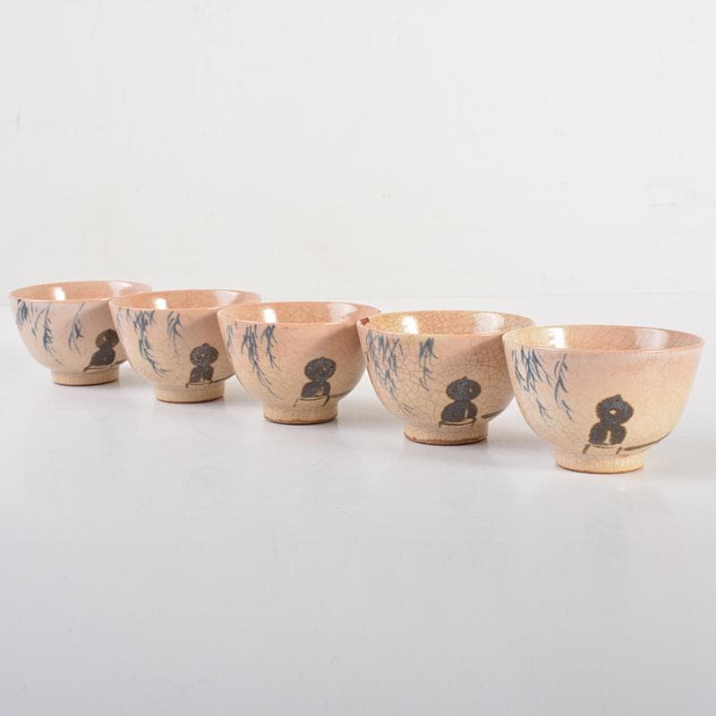 煎茶道具　華中亭道八造　御本手　青華　柳文　煎茶碗　五客　共箱　M　R6853