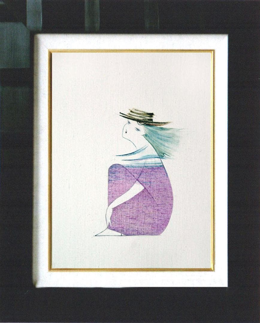 油絵 菅家令子 絵 絵画インテリア額付(青緑＋金色の枠) F4-080414女性