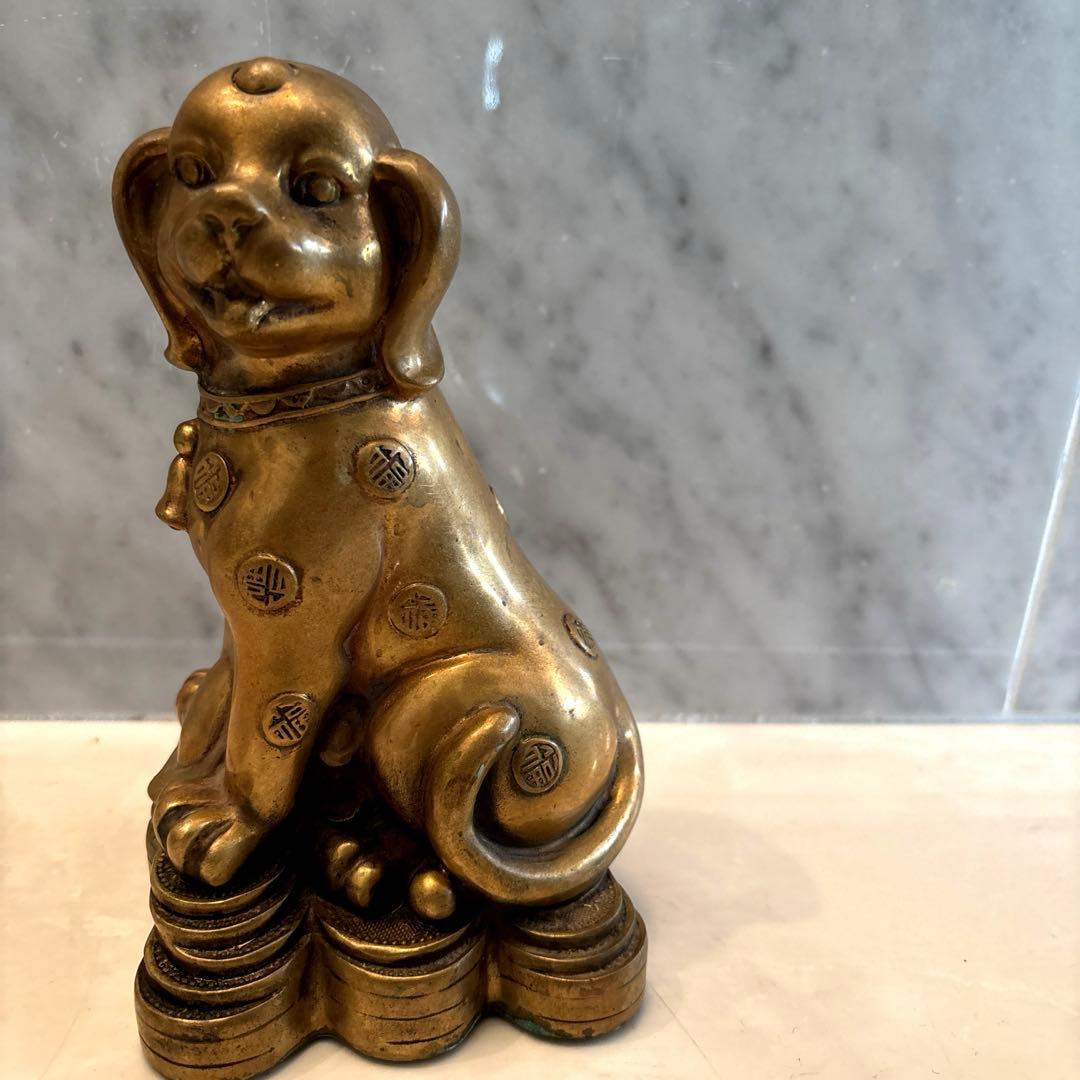 中国アンティーク　ゴールドに輝く可愛らしい犬の子宝祈願の真鍮製のオブジェ