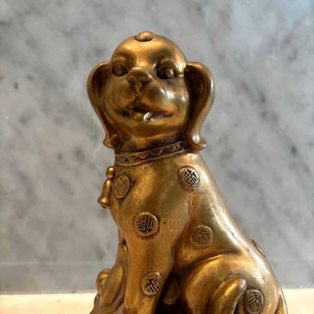 中国アンティーク　ゴールドに輝く可愛らしい犬の子宝祈願の真鍮製のオブジェ