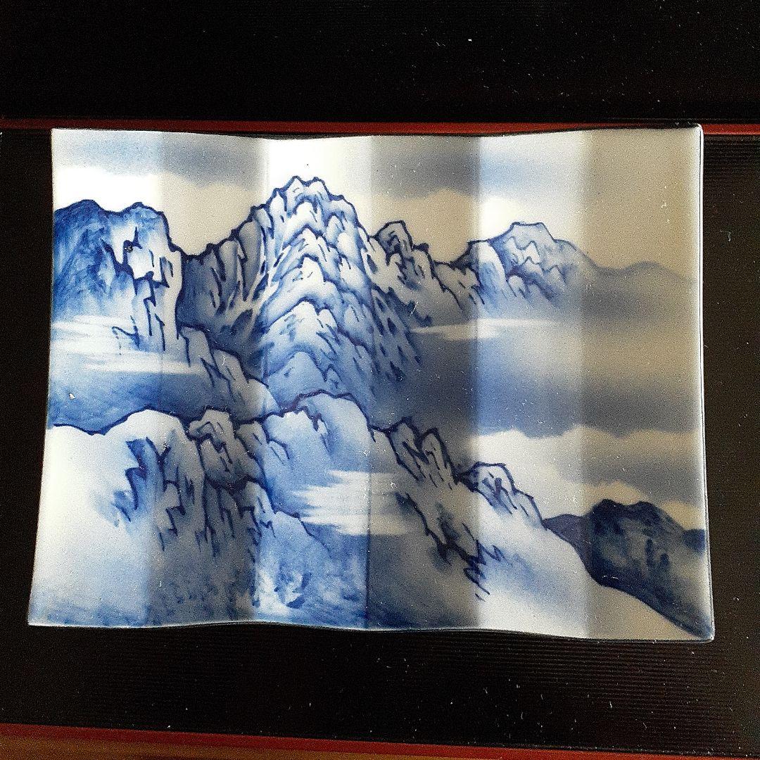 染め付け屏風形剣岳絵図角皿5客