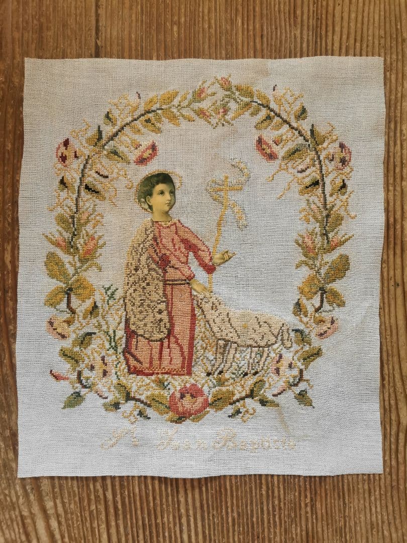 アンティーク バプテスマの聖ヨハネと羊と薔薇 ニードルポイント 手刺繍 額付