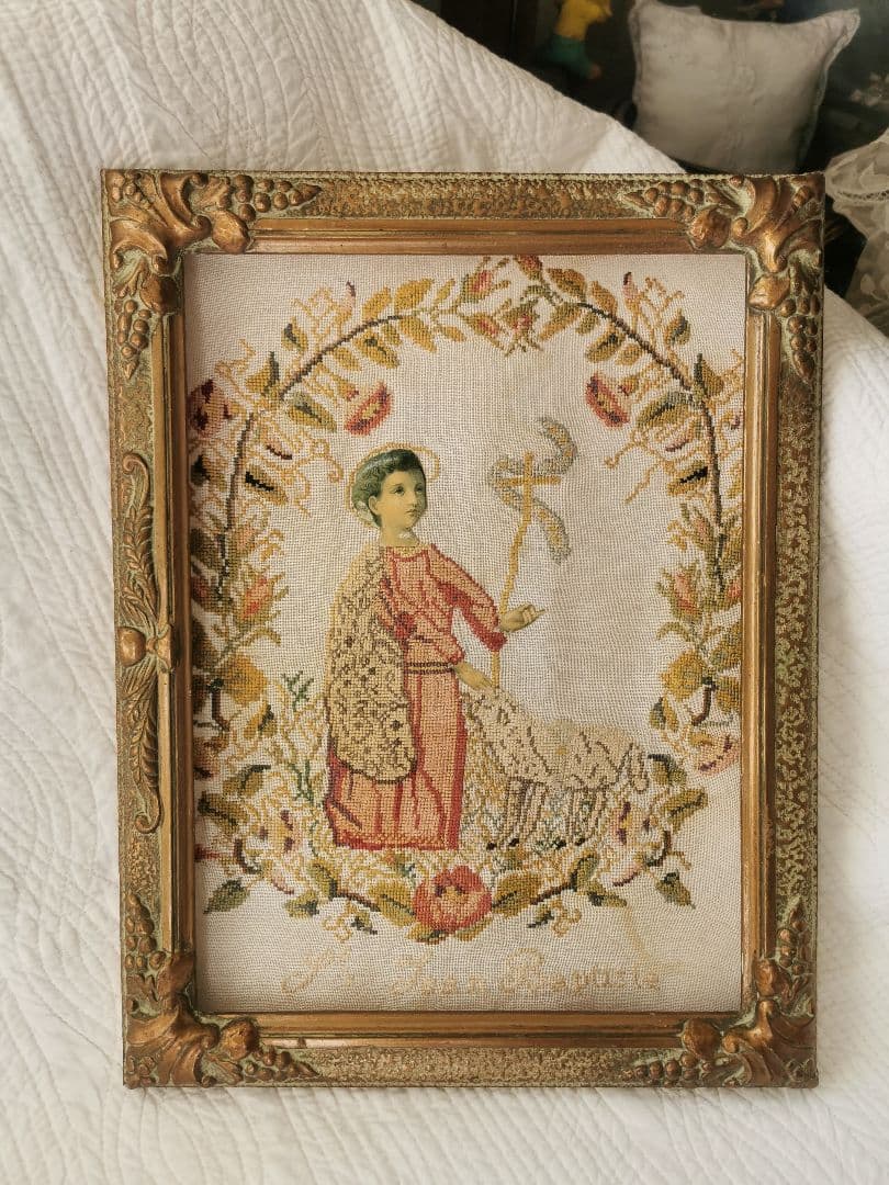 アンティーク バプテスマの聖ヨハネと羊と薔薇 ニードルポイント 手刺繍 額付