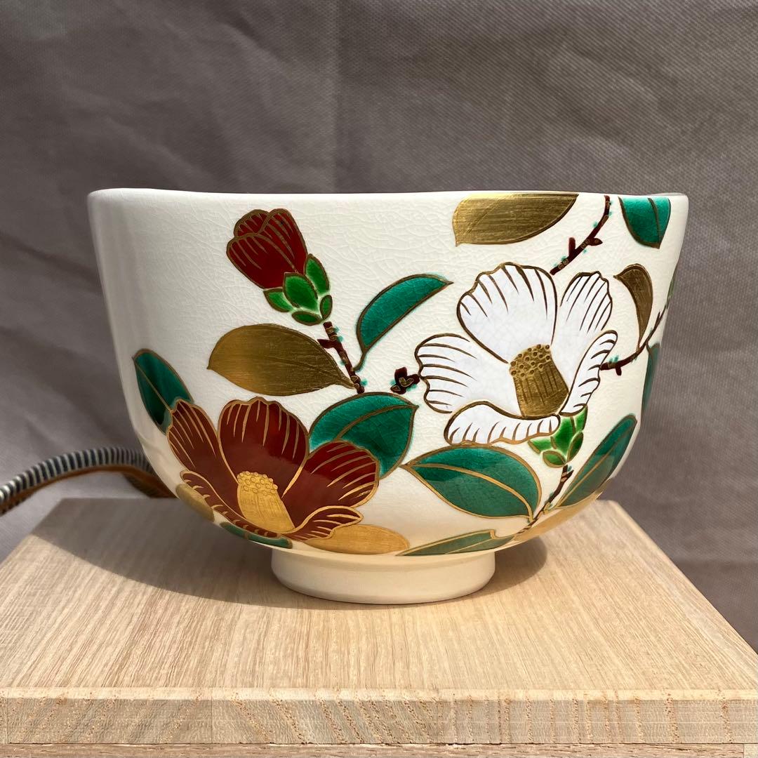 相模竜泉造 色絵椿画 抹茶碗 共箱共布