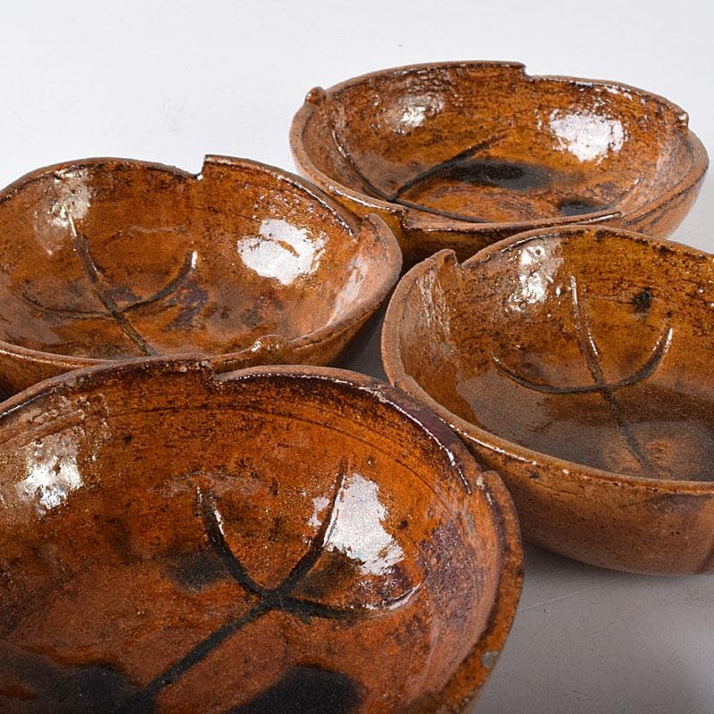 和食器　大樋焼　大樋長楽造　飴釉　柏葉　向皿　5客　共箱　M　R8141