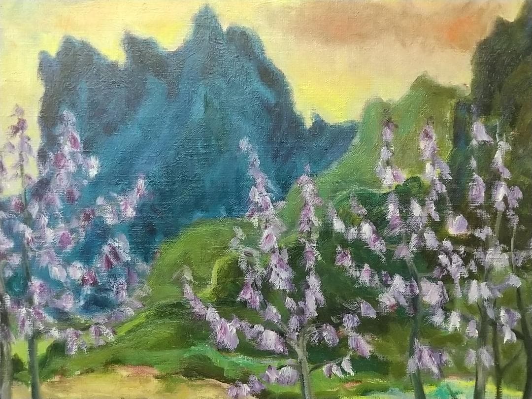 油絵「桐の花咲く妙義」B F8 絵画 油彩画 風景画 アート